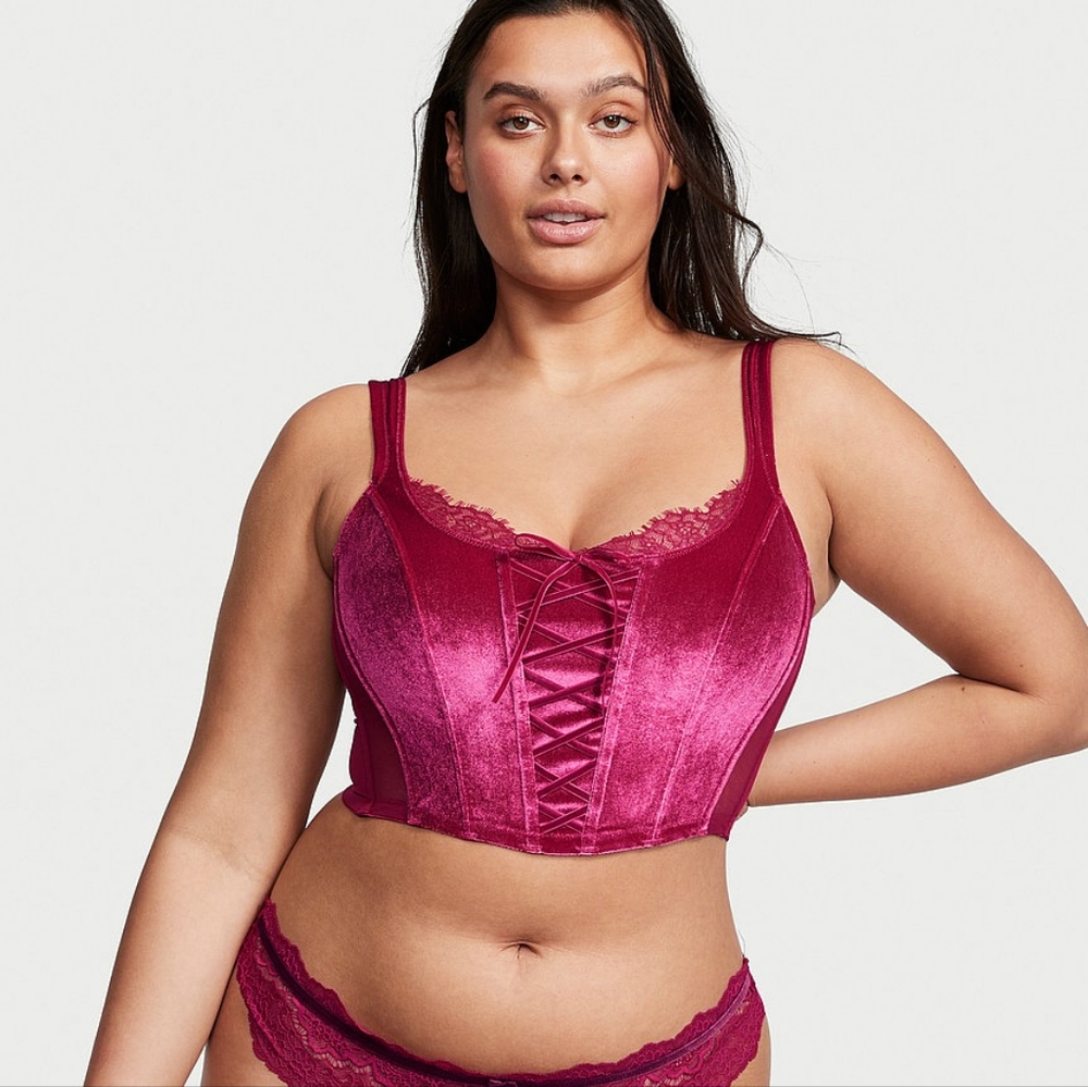 Victoria Secret Unlined Lace-Up Velvet Corset Top - Picture 2 of 6